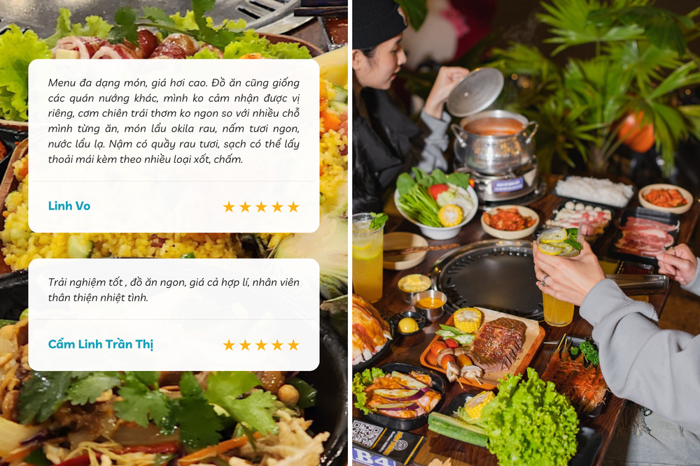 Menu đa dạng các món lẩu, nướng hấp dẫn, được chọn lọc từ các nguyên liệu tươi sống